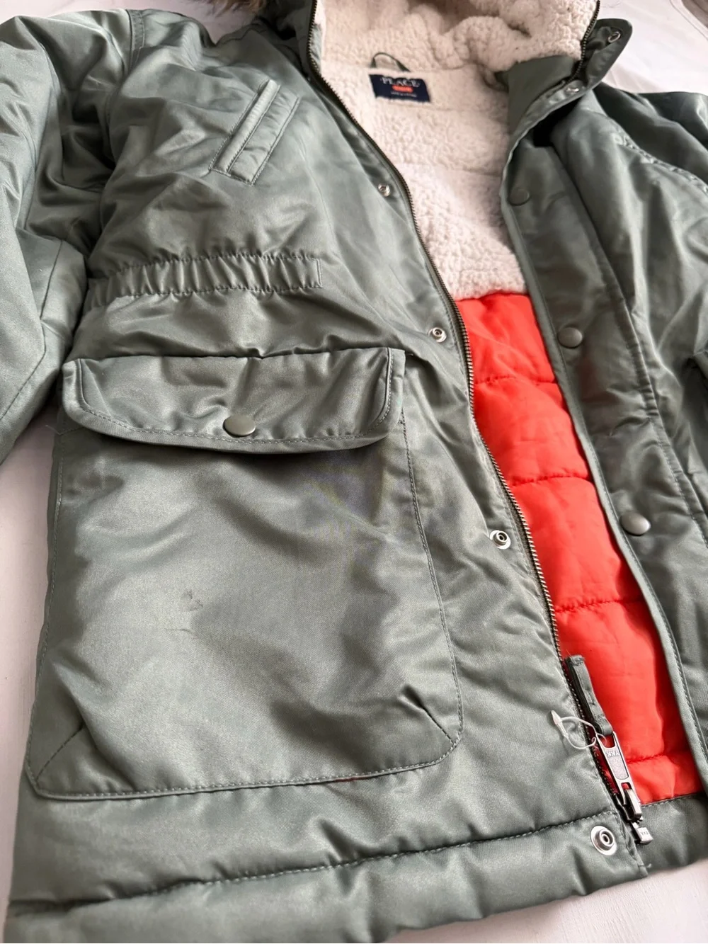 The Children's Place Olive Green Sherpa-Lined Winter Coat with Faux Fur Hood
